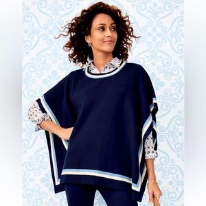 Talbots Knit Sweater Poncho Womens M/L Navy Blue Cotton Blend Preppy Coastal